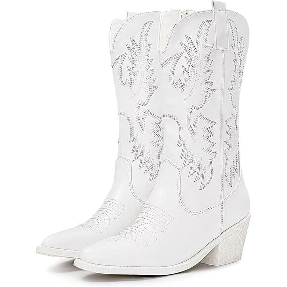 Women's White Western Cowgirl Boots Classic Pull On Pointy Toe Mid Calf - Picture 1 of 7